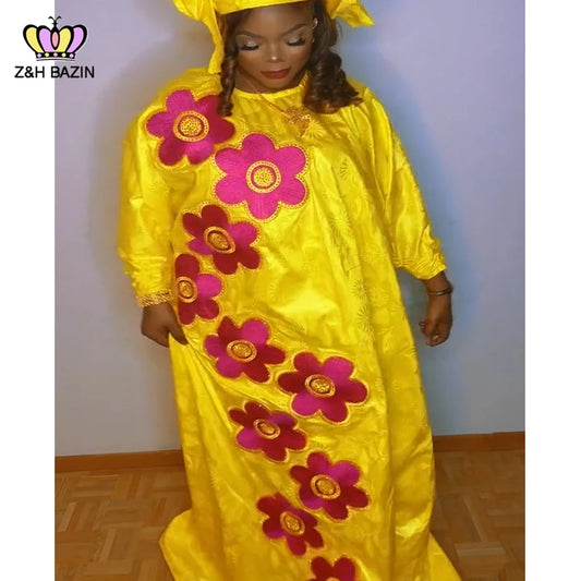 African Dresses For Woman Plus Size Bazin Riche Robe Embroidery With Embroidery Original Basin Floor Long Dresses With Scarf