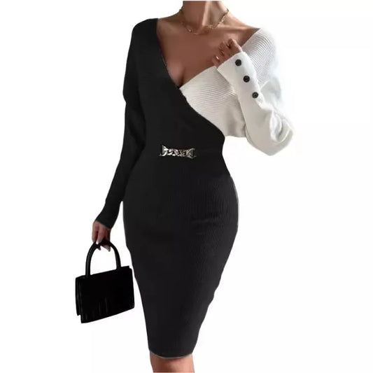 Women's Spring Summer Long Sleeved Fashion Splicing Print High Neck Sexy Split Waist Tight Wrap Hip High Waist Mid Length Dress