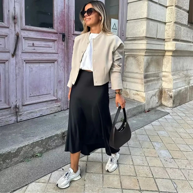 Spring 2025 Women Midi Skirts Fashion Temperament Casual Versatile High Waist Skirts Women Elastic Waist Skirts