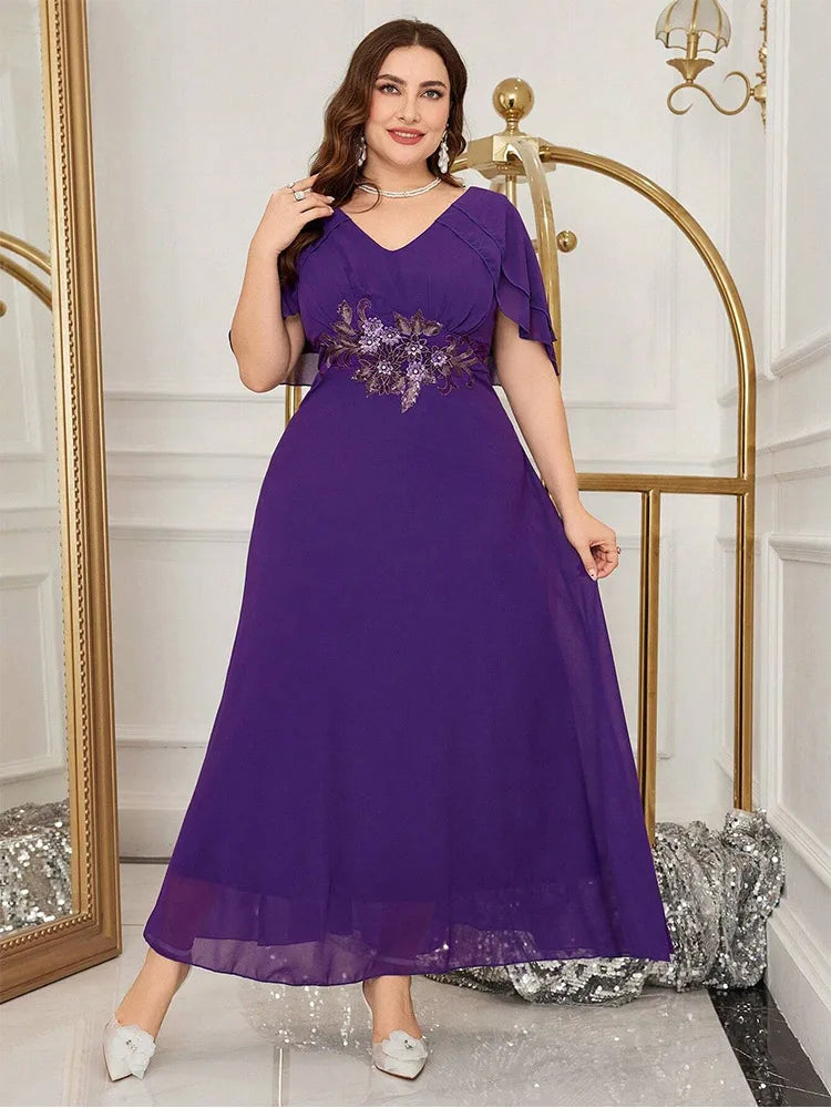 Luxury Wedding Ruffle Applique Plus Size Crew Neck Mixi Dress For Women Summer Purple Red Chiffon Prom Evening Dress
