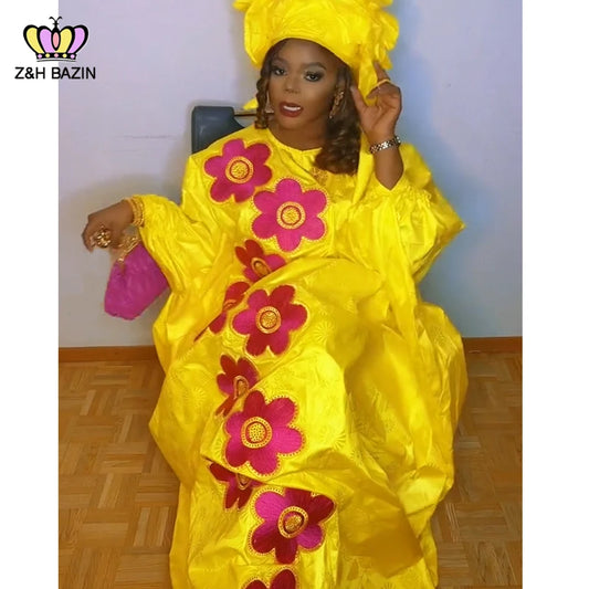 African Dresses For Woman Plus Size Bazin Riche Robe Embroidery With Embroidery Original Basin Floor Long Dresses With Scarf
