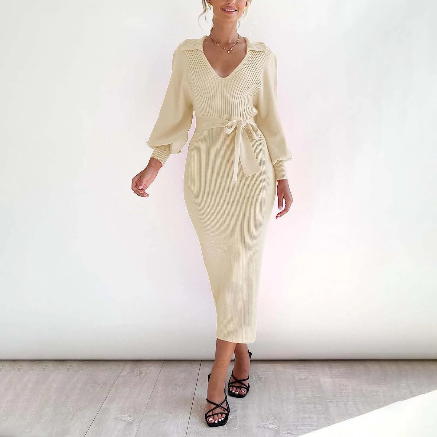 Winter Warm Women'S Knitted Dress Elegant V Neck Thick  A-Line Dress Brown Long Sleeve Vintage Midi Casual Dresses For Women