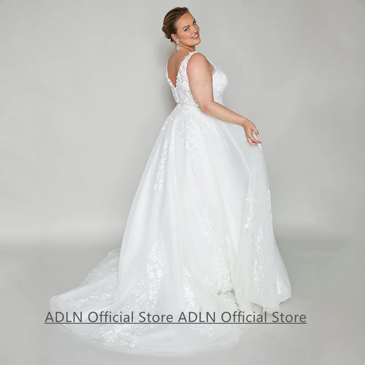 Bride Wedding Dress for Plus Size Woman Customized V Neck Sleeveless Sequined Applique Sweep Train Bridal Gown Vestido Noiva