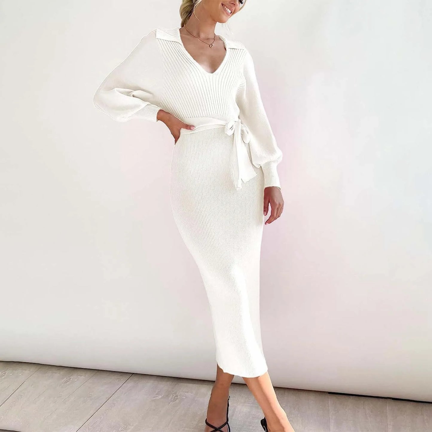 Winter Warm Women'S Knitted Dress Elegant V Neck Thick  A-Line Dress Brown Long Sleeve Vintage Midi Casual Dresses For Women