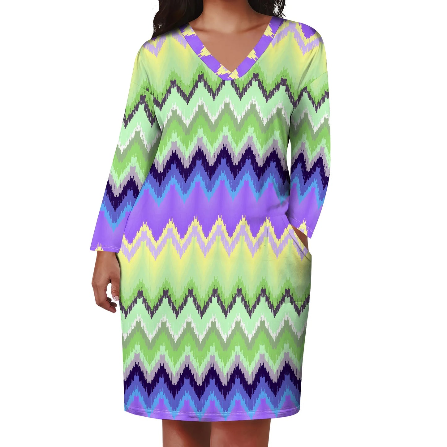 Plus Size Casual Dresses for Women Plus Size Sexy 3D Printed V Neck Long-sleeved Loose Maxi Dress with pockets