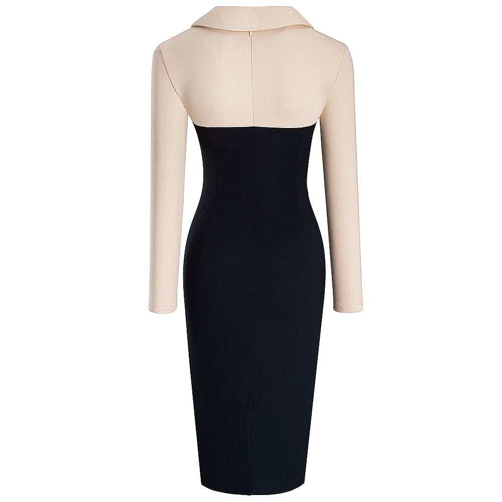 Vintage Women Patchwork Pattern Bodycon Elegant Office Ladies Charming Dress
