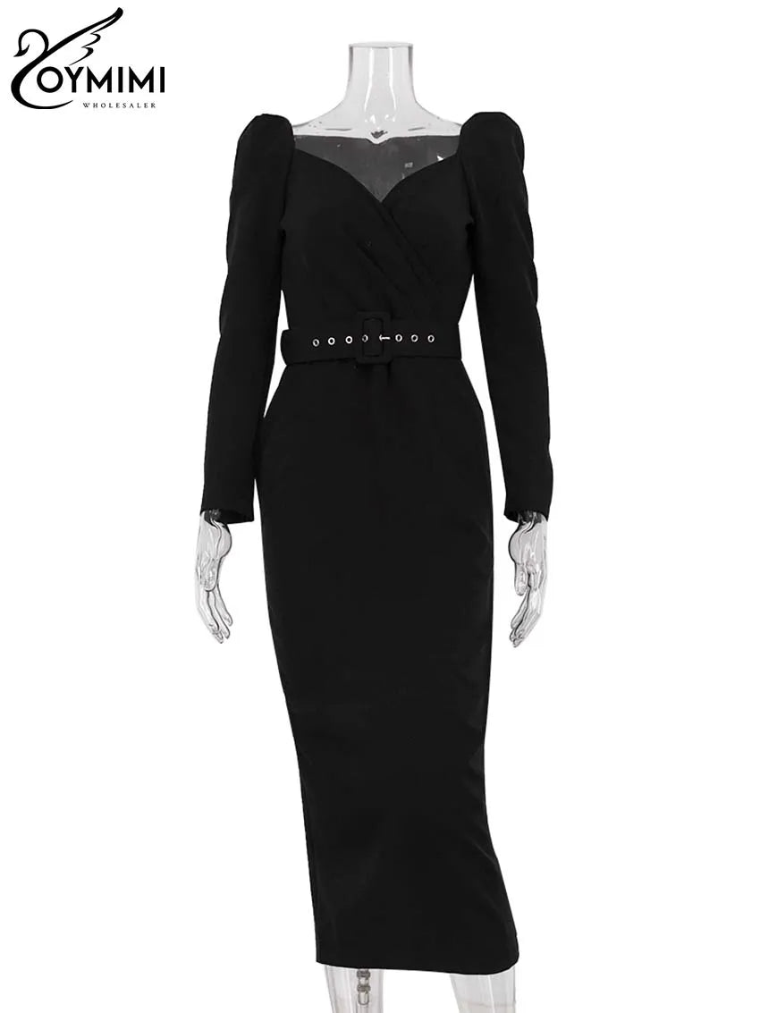 Oymimi Fashion White Deep V-Neck Womens Dresses Elegant Long Sleeve Lace-Up Slim Dresses Spring Straight Mid-Calf Dress Female