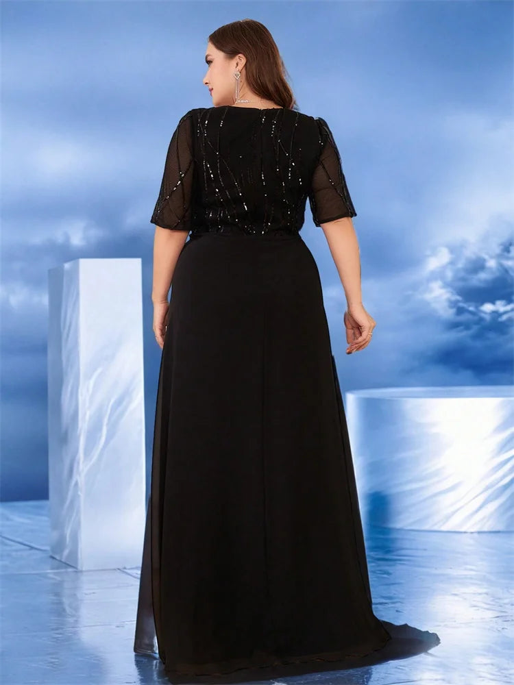 Elegant Short Sleeves Sequin Formal Evening Dress Women Chiffon Black Mermaid Bridesmaid Party Maxi Prom