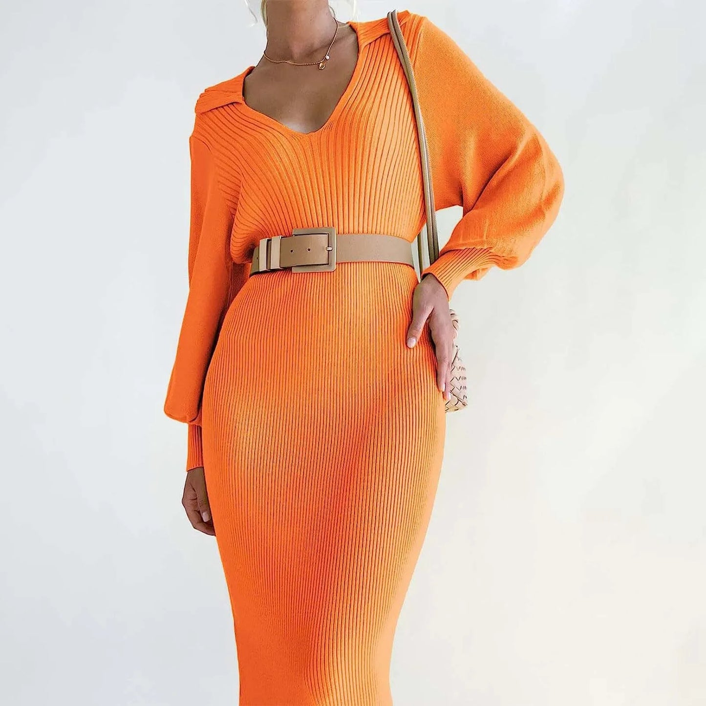 Winter Warm Women'S Knitted Dress Elegant V Neck Thick  A-Line Dress Brown Long Sleeve Vintage Midi Casual Dresses For Women