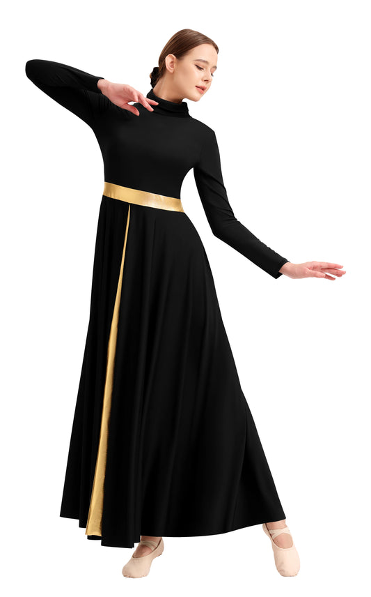 Women's Praise Dance Dress Metallic Waistband Long Swing Liturgical Worship Church Robe Dress Lyrical Dancewear High Neck