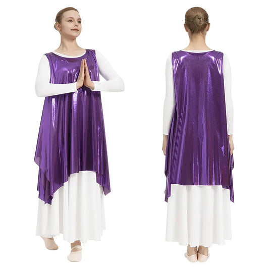 Women's Round Neck Metallic Style Praise Dance Vest Worship Tank Pullover with Shiny Top and Loose Hem Praise Dance Vest