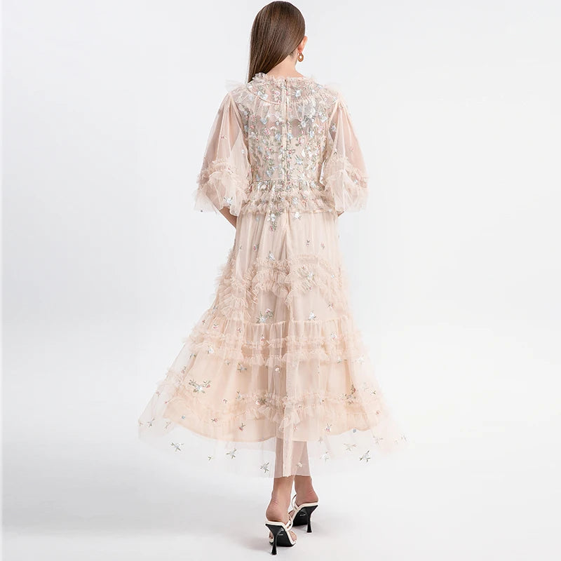 Runway Luxury Long Dresses Women 2025 Summer Holiday Embroidery Flower Ruffles Midi Party Evening Dress Lady Prom Vestidos