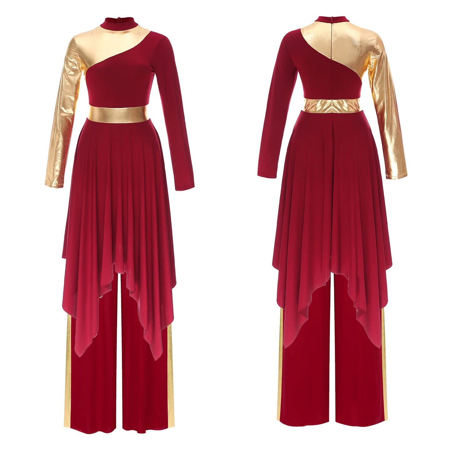 Women's Praise Dance Outfit Color Block Worship Dance Dress with Wide-Leg Pants Church Liturgical Stage Performance Dancewear