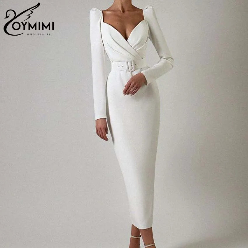 Oymimi Fashion White Deep V-Neck Womens Dresses Elegant Long Sleeve Lace-Up Slim Dresses Spring Straight Mid-Calf Dress Female