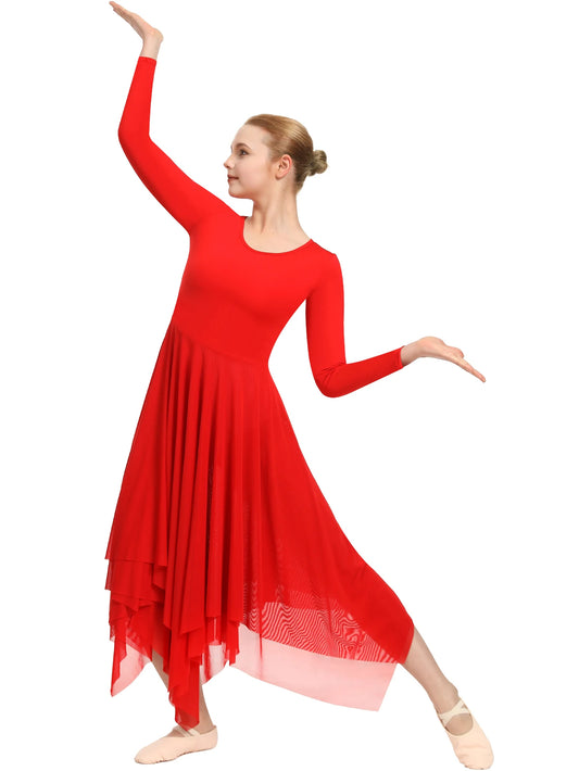 Newest Praise Dance For Women Ballet Costume Dress Long Sleeve ,Double Layered Irregular Skirt,No Crotch And Lining