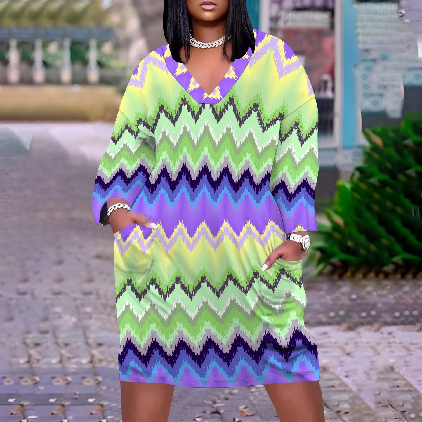 Plus Size Casual Dresses for Women Plus Size Sexy 3D Printed V Neck Long-sleeved Loose Maxi Dress with pockets