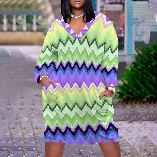 Plus Size Casual Dresses for Women Plus Size Sexy 3D Printed V Neck Long-sleeved Loose Maxi Dress with pockets