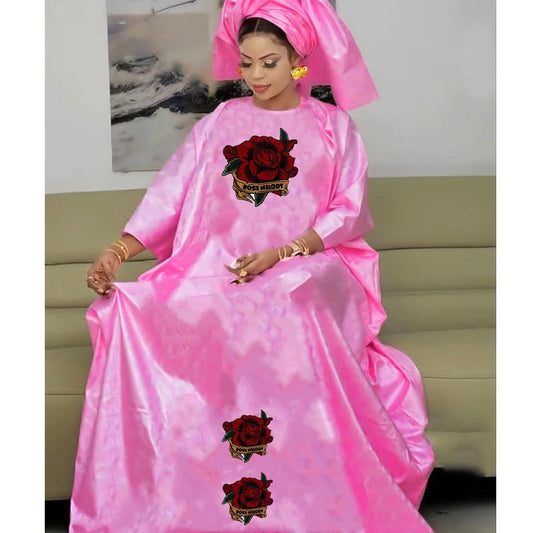 Turkey Dresses For Women African Designer Bazin Riche Evening Gowns Large Size Pink Basin Headscarf With Dashiki Robe Cloth