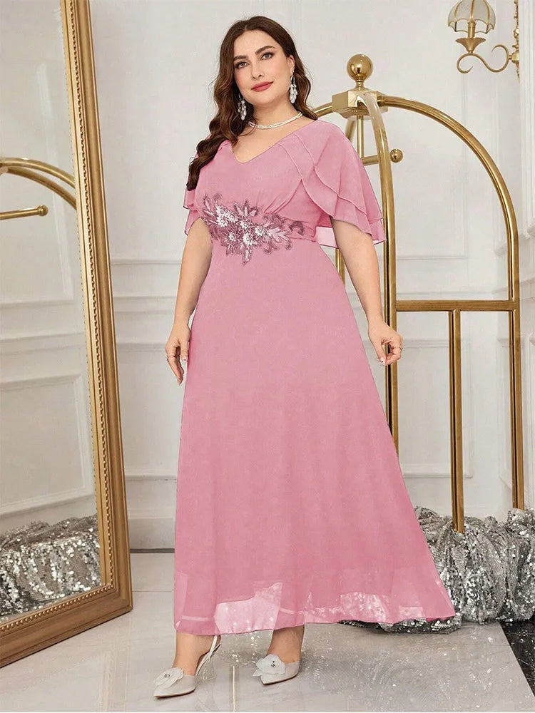 Luxury Wedding Ruffle Applique Plus Size Crew Neck Mixi Dress For Women Summer Purple Red Chiffon Prom Evening Dress