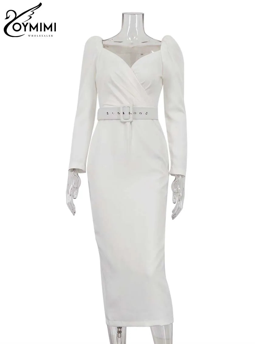 Oymimi Fashion White Deep V-Neck Womens Dresses Elegant Long Sleeve Lace-Up Slim Dresses Spring Straight Mid-Calf Dress Female