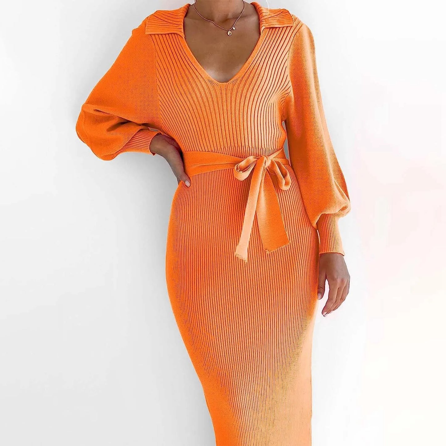 Winter Warm Women'S Knitted Dress Elegant V Neck Thick  A-Line Dress Brown Long Sleeve Vintage Midi Casual Dresses For Women