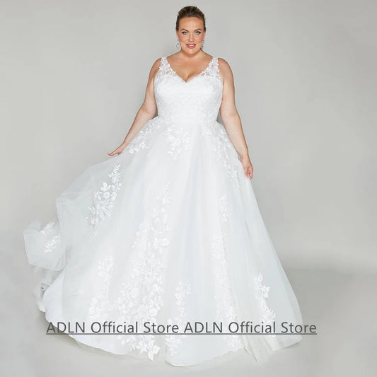 Bride Wedding Dress for Plus Size Woman Customized V Neck Sleeveless Sequined Applique Sweep Train Bridal Gown Vestido Noiva