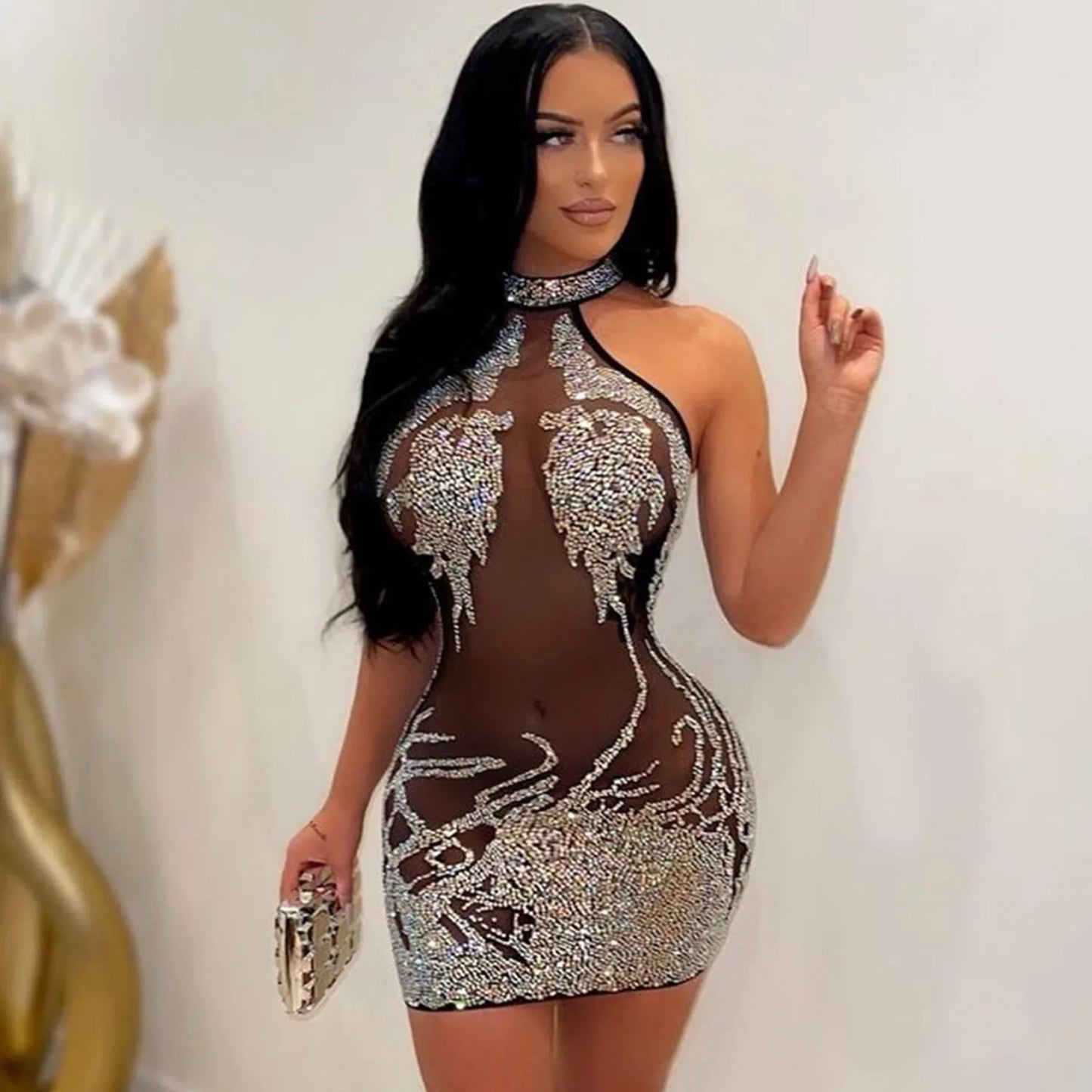 Sexy Mesh Rhinestone Short Prom Evening Mini Dress See Through Outfits Luxury