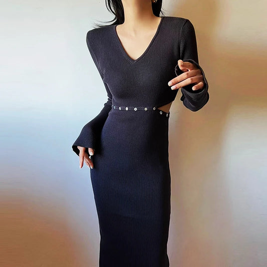 YuooMuoo 2024 Autumn Winter Knitted Women Dress Sexy Buttons Cut Out Waist Package Hips Bodycon Dress Lady Long Party Vestidos
