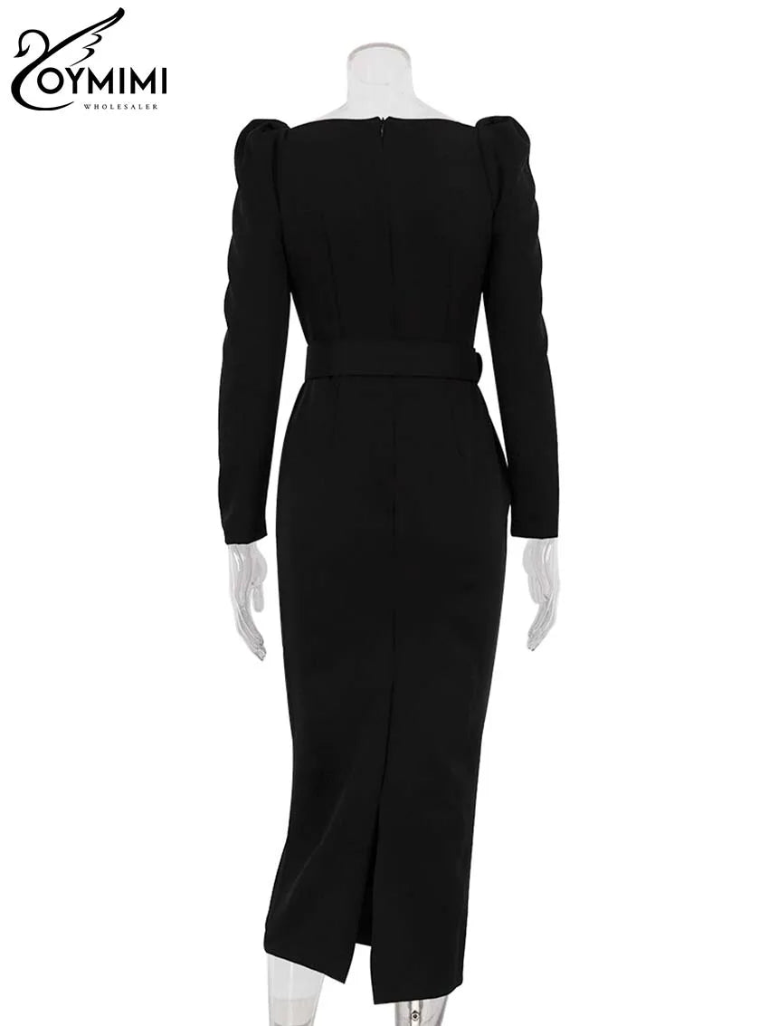 Oymimi Fashion White Deep V-Neck Womens Dresses Elegant Long Sleeve Lace-Up Slim Dresses Spring Straight Mid-Calf Dress Female