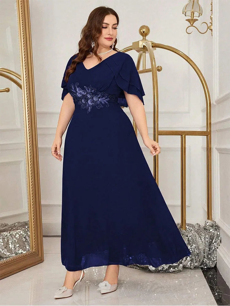 Luxury Wedding Ruffle Applique Plus Size Crew Neck Mixi Dress For Women Summer Purple Red Chiffon Prom Evening Dress