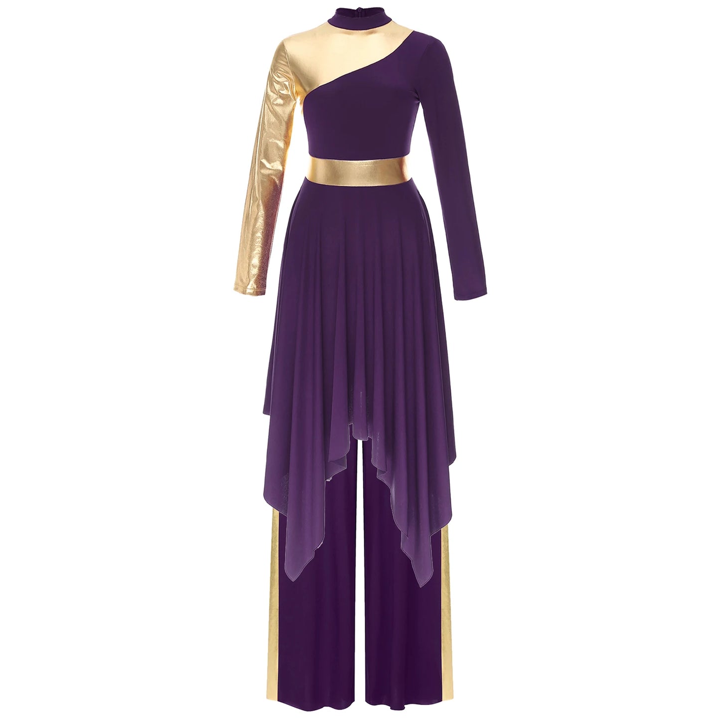 Women's Praise Dance Outfit Color Block Worship Dance Dress with Wide-Leg Pants Church Liturgical Stage Performance Dancewear