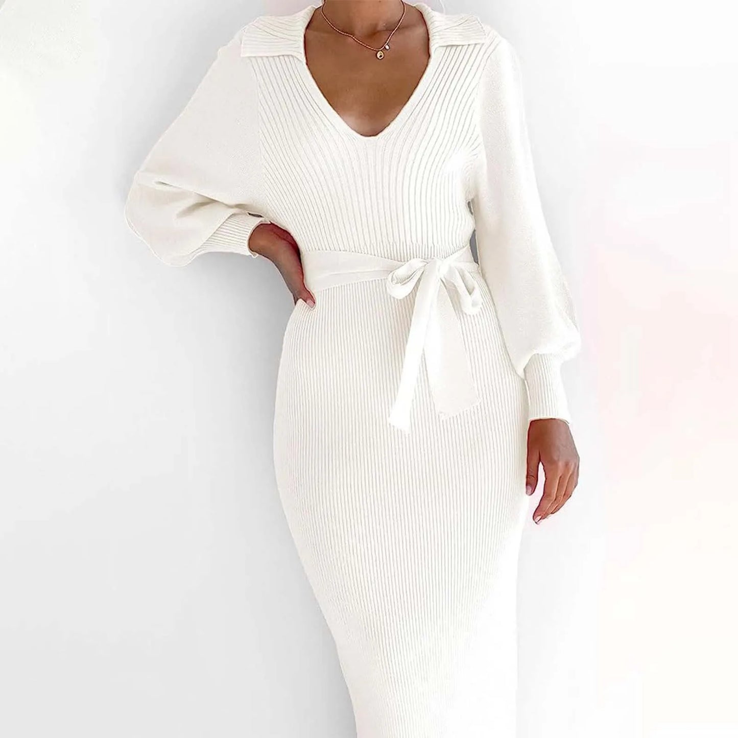 Winter Warm Women'S Knitted Dress Elegant V Neck Thick  A-Line Dress Brown Long Sleeve Vintage Midi Casual Dresses For Women