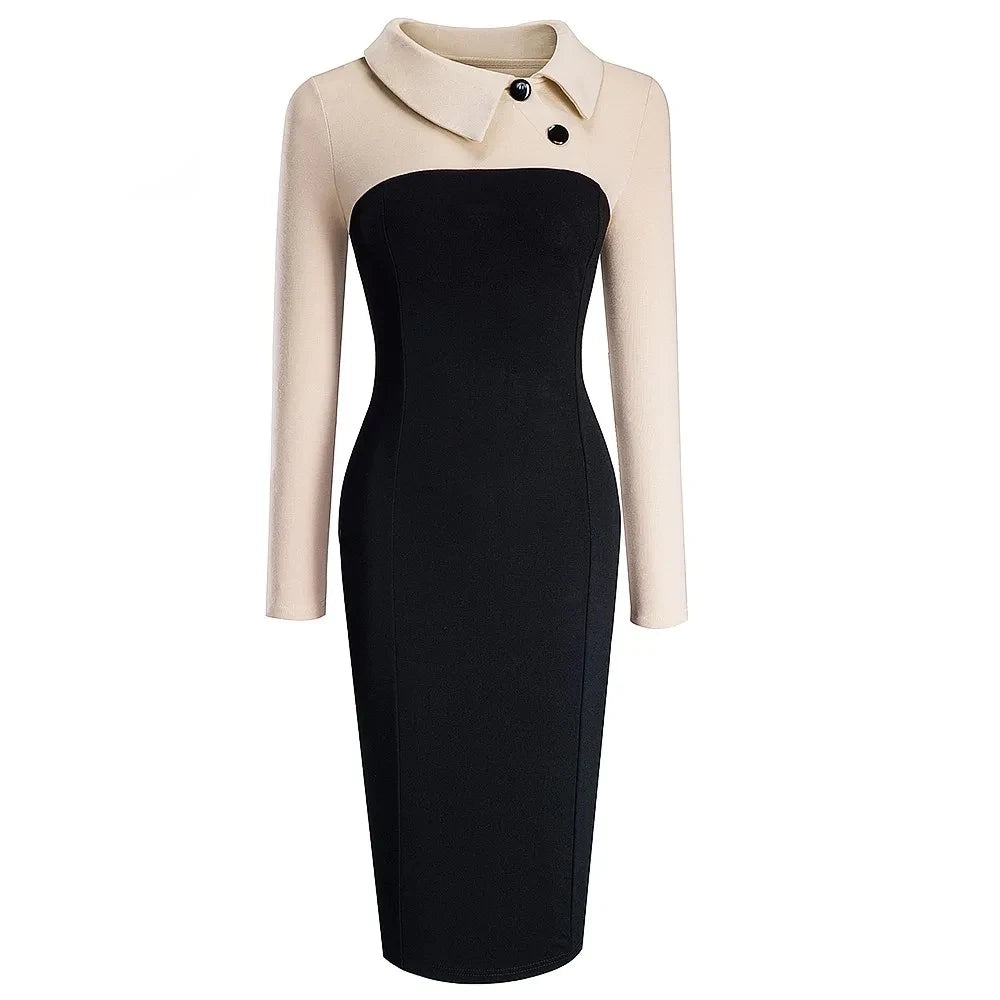 Vintage Women Patchwork Pattern Bodycon Elegant Office Ladies Charming Dress