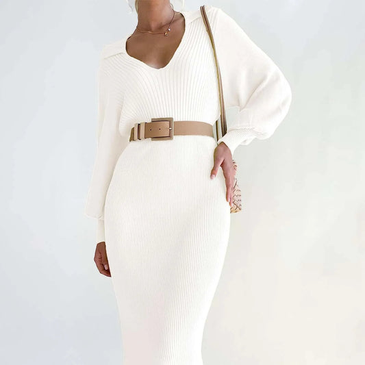 Winter Warm Women'S Knitted Dress Elegant V Neck Thick  A-Line Dress Brown Long Sleeve Vintage Midi Casual Dresses For Women