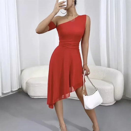 Cross-Border Sexy Pure Color Tube Top Dress with Slant Shoulder Design And Double Layer Mesh Backless Gown for Women