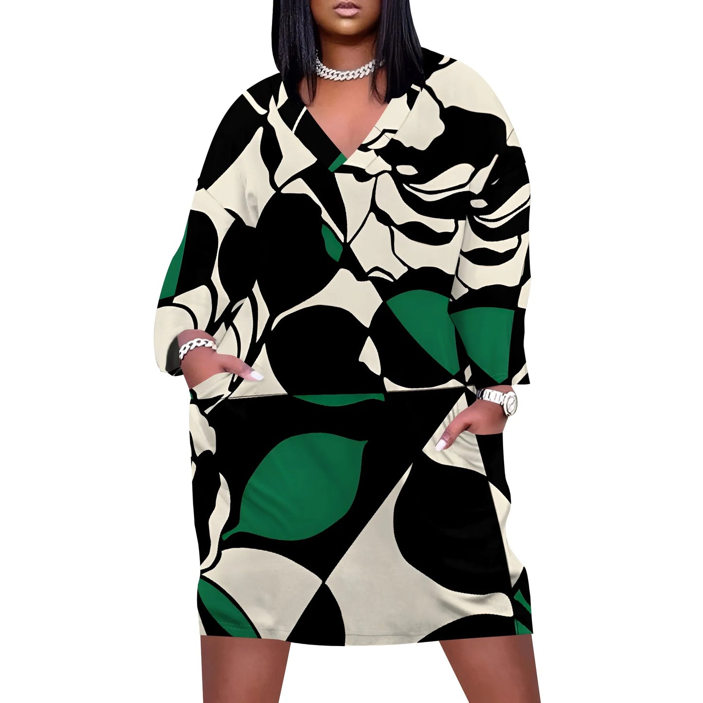 Plus Size Casual Dresses for Women Plus Size Sexy 3D Printed V Neck Long-sleeved Loose Maxi Dress with pockets
