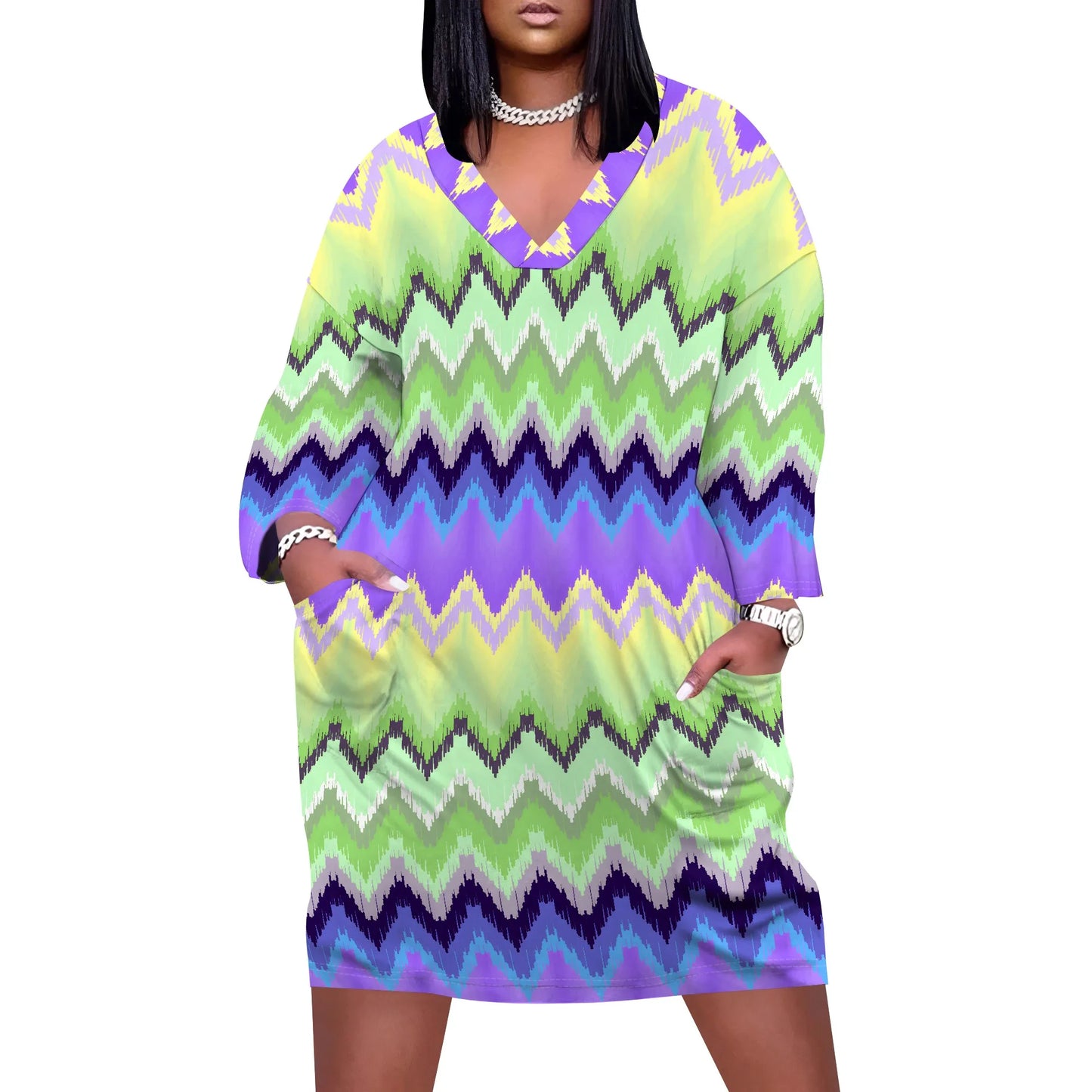 Plus Size Casual Dresses for Women Plus Size Sexy 3D Printed V Neck Long-sleeved Loose Maxi Dress with pockets