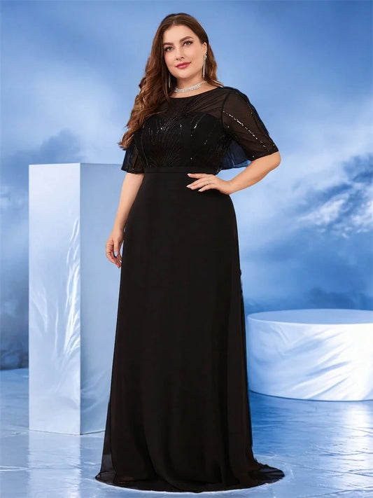 Elegant Short Sleeves Sequin Formal Evening Dress Women Chiffon Black Mermaid Bridesmaid Party Maxi Prom
