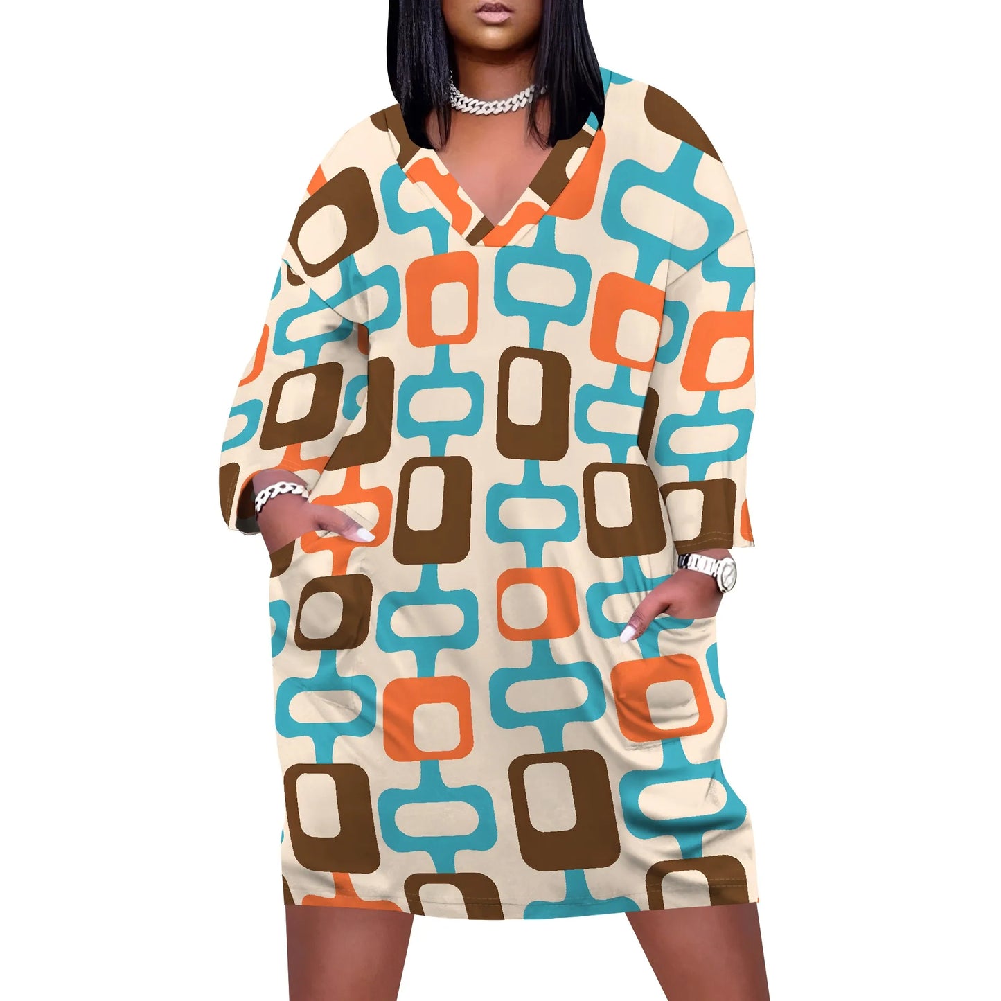 Plus Size Casual Dresses for Women Plus Size Sexy 3D Printed V Neck Long-sleeved Loose Maxi Dress with pockets