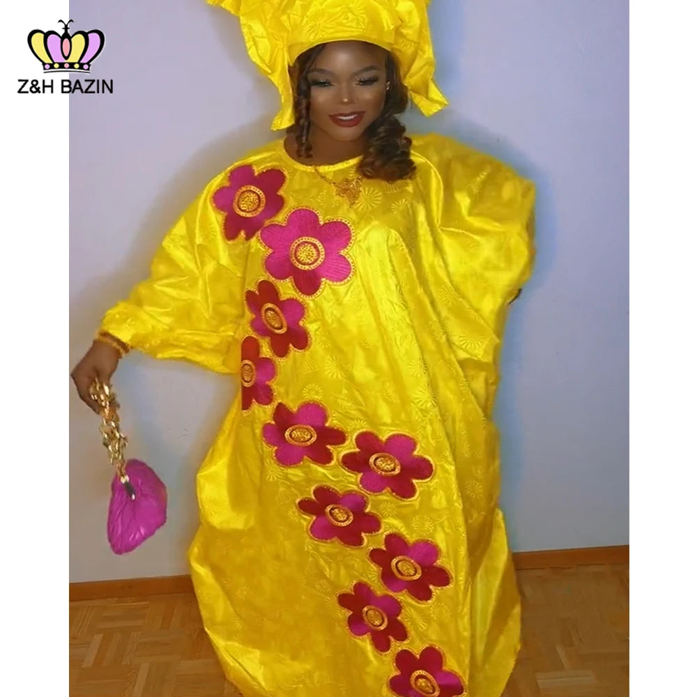 African Dresses For Woman Plus Size Bazin Riche Robe Embroidery With Embroidery Original Basin Floor Long Dresses With Scarf