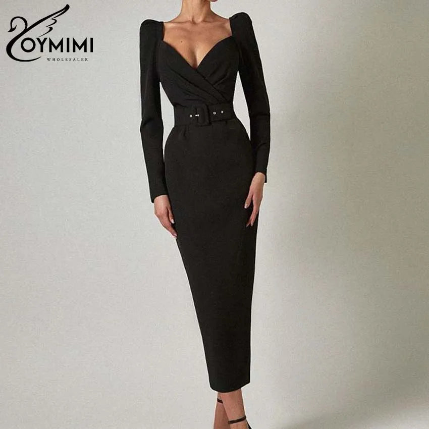Oymimi Fashion White Deep V-Neck Womens Dresses Elegant Long Sleeve Lace-Up Slim Dresses Spring Straight Mid-Calf Dress Female