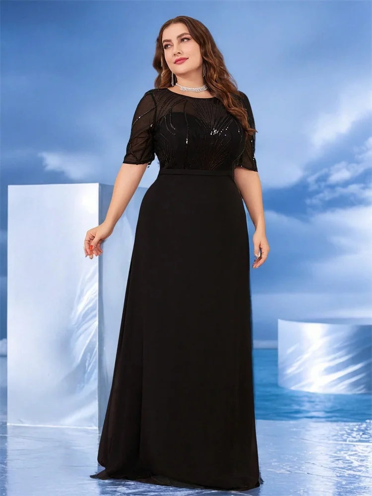 Elegant Short Sleeves Sequin Formal Evening Dress Women Chiffon Black Mermaid Bridesmaid Party Maxi Prom