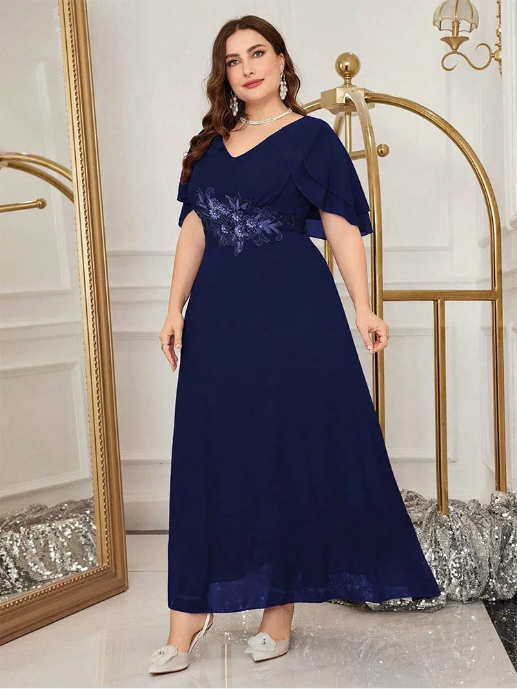 Luxury Wedding Ruffle Applique Plus Size Crew Neck Mixi Dress For Women Summer Purple Red Chiffon Prom Evening Dress