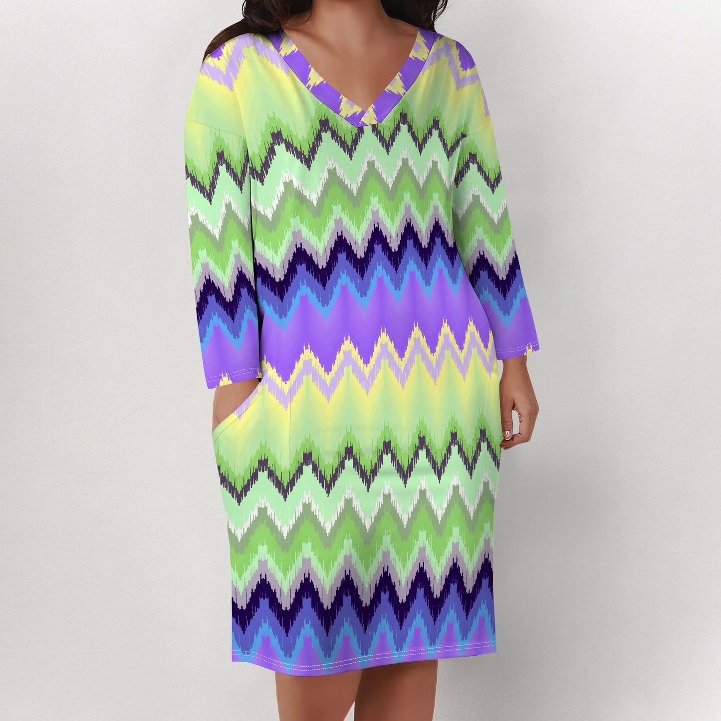 Plus Size Casual Dresses for Women Plus Size Sexy 3D Printed V Neck Long-sleeved Loose Maxi Dress with pockets
